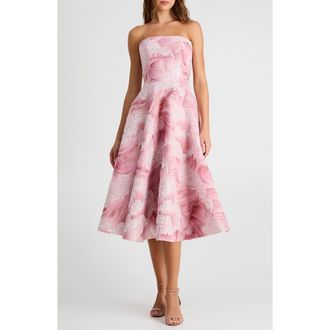 Helsi Vivi Bead Detail Print Strapless Cocktail Midi Dress in Rose Pink at Nordstrom, Size Xx-Small