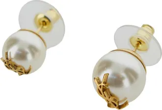Saint Laurent Womens Asymmetric Pearl Earrings, Brass Metallic