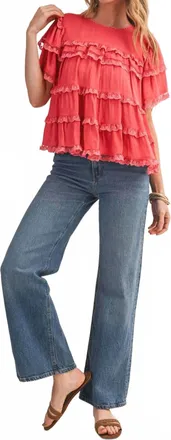 Merci Tiered Ruffle Lace Trim Swing Top In Coral Orange