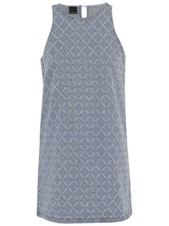 Pinko Light Blue Cotton Sleeveless Dress With Rhinestones