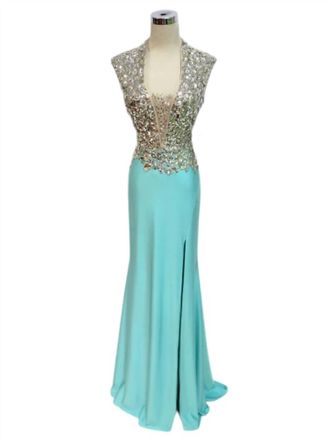Mac Duggal Crystal And Sequins Embellished Jersey Prom Dress In Aqua/silver