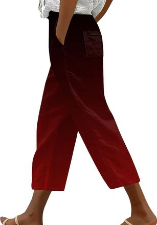 Generic Womens Casual Trousers WomenS Cotton Linen Pants Summer Trousers for Women Straight Leg High Waist Loose Fit 3/4 Trousers Drawstring Elastic Waist Lou