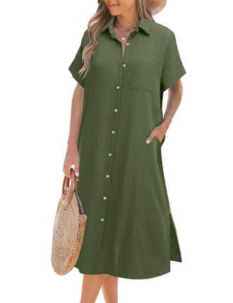 Zeagoo Long Shirt Dress for Women Elegant Short Sleeve Beach Dresses Casual Summer-Dresses with Pockets Long Loose Button-Dress Army Green L