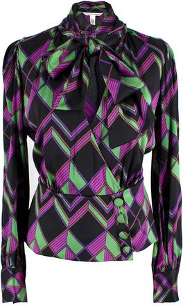 Diane Von F&uuml;rstenberg Diane Von Furstenberg Purple Geometric Print Pussy-bow Silk Blouse Size XXS