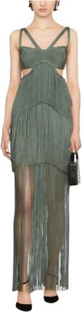 H&eacute;rve L&eacute;ger Tiered Fringe Maxi Gown In Willow Green
