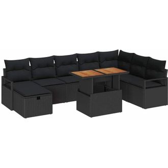 vidaXL Garden Sofa Set with Cushion 9 pcs Black Poly Rattan vidaXL