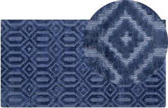 Beliani Alfombra De Viscosa Azul Marino 80 X 150 Cm Patr&oacute;n Geom&eacute;trico Tejido A Mano Adatepe