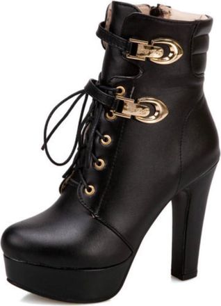 Generic Womens Modern Platform Ankle Boots with Buckles - Lace-Up Chunky Heel Casual Booties,Black,5.5 UK