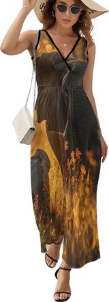 Generic Elephant Mama And Little Womens Casual Dresses V-neck Sleeveless Maxi Dress Summer Beach Long Dresses XL