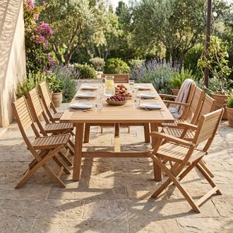 Milani Home Orator - Set Tavolo In Teak Cm 160/240 X 90 X 77 H Con 6 Sedie E 2 Poltrone Orator