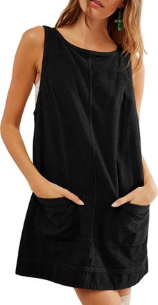 TBA Corduroy Overall Dress for Women Round Neck Skirtall Jumper A Line Mini Romper Pinafore with Pockets, Black, XL