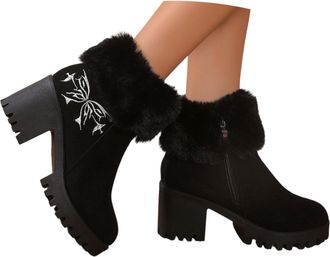 Generic Women Ankle Boots 2026 Womens Bowknot Furry Christmas Chunky Heel (Black, 4.5)