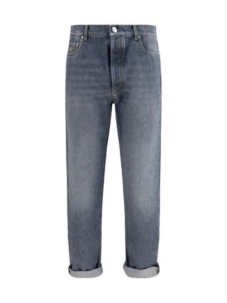 Brunello Cucinelli Mens Jeans Straight-Leg Turn-Up Medium Grey Cotton