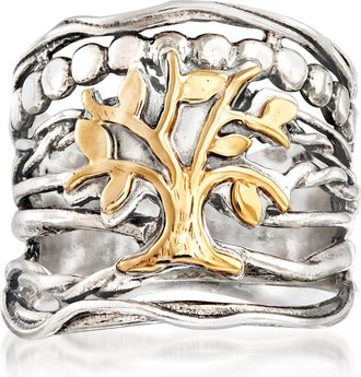 Ross-Simons Sterling Silver and 14kt Yellow Gold Multi-Row Tree Of Life Ring