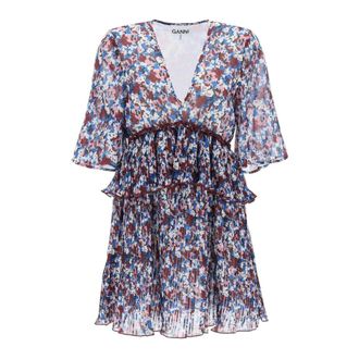 Ganni Mini-jurk met plooien en bloemenmotief - Dames - Korte kleedjes - Veelkleurig - S - Polyester - Kleedjes