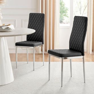 Furniturebox Set of 6 Milan High Back Soft Touch Diamond Pattern Faux Leather Dining Chairs With Silver Chrome Metal Legs in Black