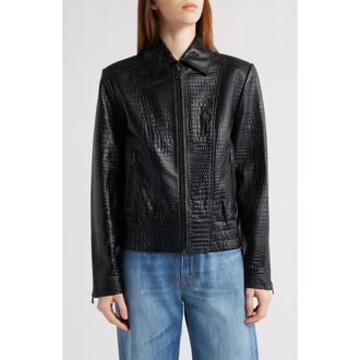 Bernardo Short Croc-Embossed Leather Jacket in Black at Nordstrom Rack, Size Large