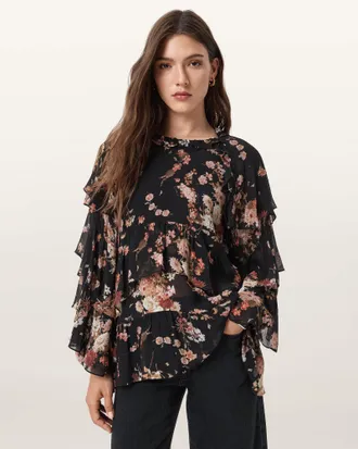 AllSaints Viscose Lissie Floral Print Ruffled Top, Size: UK 14/US 10