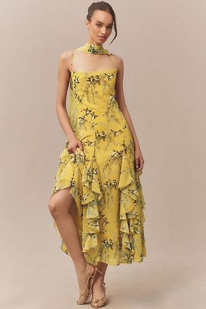 BHLDN Chiffon Cowl-Neck Cross-Back Ruffle Midi Dress