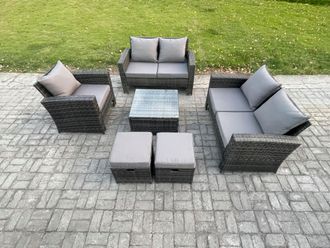Fimous 7 Seater Outdoor Rattan Garden Furniture Set Conservatory Patio Sofa Coffee Table Set with Chair 2 Small Footstools Dark Grey Mixed