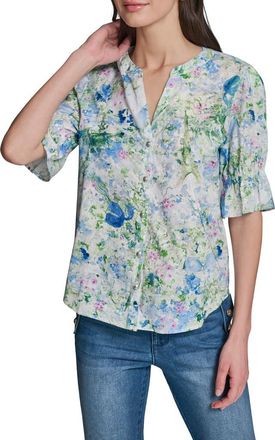 Karl Lagerfeld Print Puff Sleeve Top in Sky Blue Multi at Nordstrom, Size X-Small