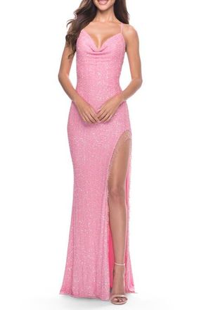 La Femme Sequin Dress with Stunning Fringe Beaded Slit in Light Pink at Nordstrom, Size 10