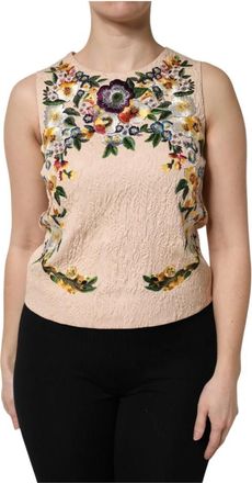 Dolce & Gabbana Beige Bloemenborduurwerk Tank Top - Dames - Tops zonder mouwen - Veelkleurig - XL - Katoen - Tops