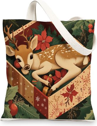 Generic Vintage Christmas Reindeer Deer Canvas Tote Bag for Shopping 13x15, Fun Xmas Balls Holly Reusable Grocery Print Bag for Women, Holiday New Year Beach 