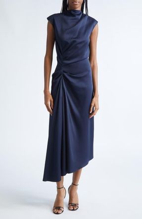 Michael Kors Cowl Neck Satin Cinch Dress in Midnight at Nordstrom, Size 10