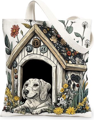 Generic Spring Weimaraner Dog Canvas Tote Bag for Shopping 13x15, Fun Flower Puppy Kennel Reusable Grocery Print Pattern Bag for Women, Cute Pet Beach Aesthet