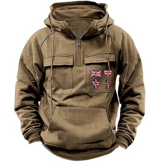 Generic Tactical Work Hoodies For Men Uk Hooded Sweatshirt For Men British Flag Graphic Sweatshirts Drawstring Hoody With Multi Pockets Pullover Combat Cargo 