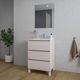 Saniclass Chaci PLUS Badkamermeubelset - 60x86x46cm - keramische wastafel wit - 1 wasbak - 1 kraangat - 3 lades - rechthoekige spiegel - mat cotton (beige)