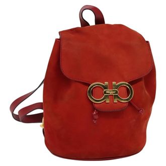 Ferragamo Gancini Backpack Suede Red Suede Backpack Bag (Pre-Owned)