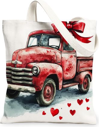 Generic Vintage Red Truck Canvas Tote Bags, Cute Heart Pattern Reusable Grocery Bags, Lightweight Washable Shoulder Strap Canvas for Shopping Outdoor Travel P