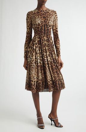 Dolce & Gabbana Leopard Print Long Sleeve Stretch Silk Midi Dress in Leo New at Nordstrom, Size 12 Us