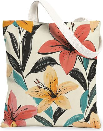 Generic Spring Lily Flower Canvas Tote Bag for Shopping 13x15, Vintage Retro Florals Reusable Grocery Print Bag for Women, Fun Aesthetic Beach Aesthetic Paint