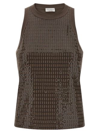 Brunello Cucinelli Brown Dazzling Check Embroidery top