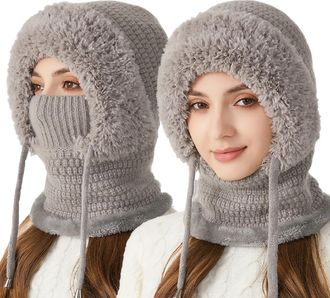 Generic Averageon 3 in 1 Beanie Hat for Women, 3 in 1 Beanie Hat with Scarf and Mask, Mask Set Hooded Piece for Outdoor (Grey)