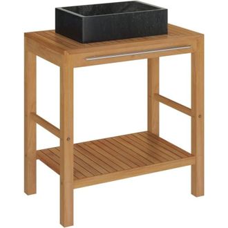 vidaXL Mueble Tocador Madera Teca Maciza Con Lavabo De M&aacute;rmol Negro Vidaxl