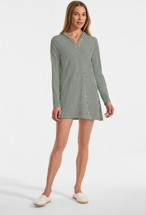 Lands End Cotton Jersey Long Sleeve Hooded Swim Cover-up Dress in Fusion Green Mini Stripe at Nordstrom, Size Small