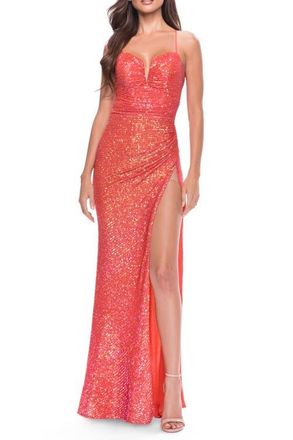 La Femme Sequin Prom Dress with Ruching and Open Tie Back in Hot Coral at Nordstrom, Size 0