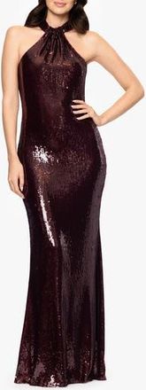 Betsy & Adam Sequin High Neck Sheath Gown in Burgundy at Nordstrom Rack, Size 10