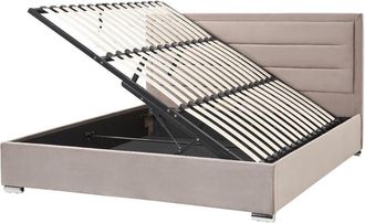 Beliani Cama Con Almacenaje De Terciopelo Gris Pardo 180 X 200 Cm Cabecero Acolchado Rouen