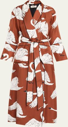 Olivia Von Halle Capability Swan-Print Silk Robe