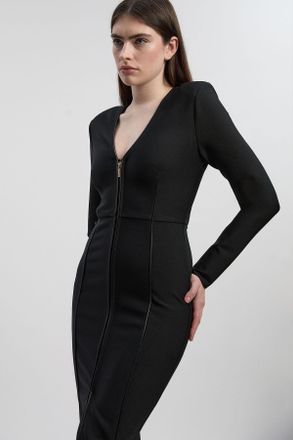 Karen Millen Womens PU Tipped Detail Zip Through Bandage Knit Midi Dress - Black - Size 16 UK