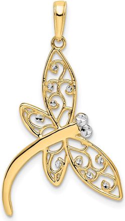 Diamond2Deal 14k Yellow Gold White Rhodium Diamond-cut Filigree Dragonfly Pendant