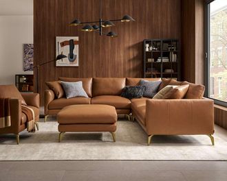 Castlery Lena Leather L-Shape Sectional Sofa with Ottoman, Cocoa American Top Grain Leather, Brass Leg