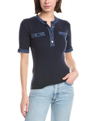 T Tahari Elbow Sleeve Denim Placket Top