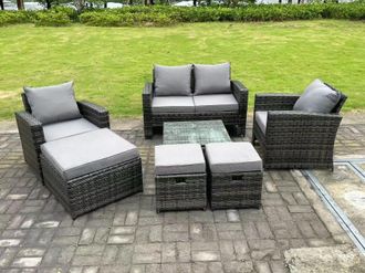 Fimous 7 Seater Dark Grey Mixed High Back Rattan Sofa Set Square Coffee Table Garden Furniture Outdoor 3 Stools