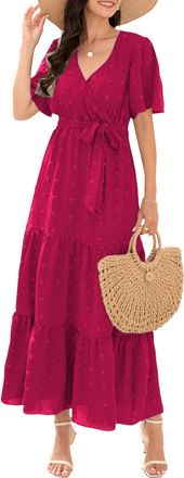 Generic Boho Floral Swiss Dot Summer Maxi Dresses for Women V Neck Ruffle A-Line Flowy Wedding Guest Long Dresses Rose Red